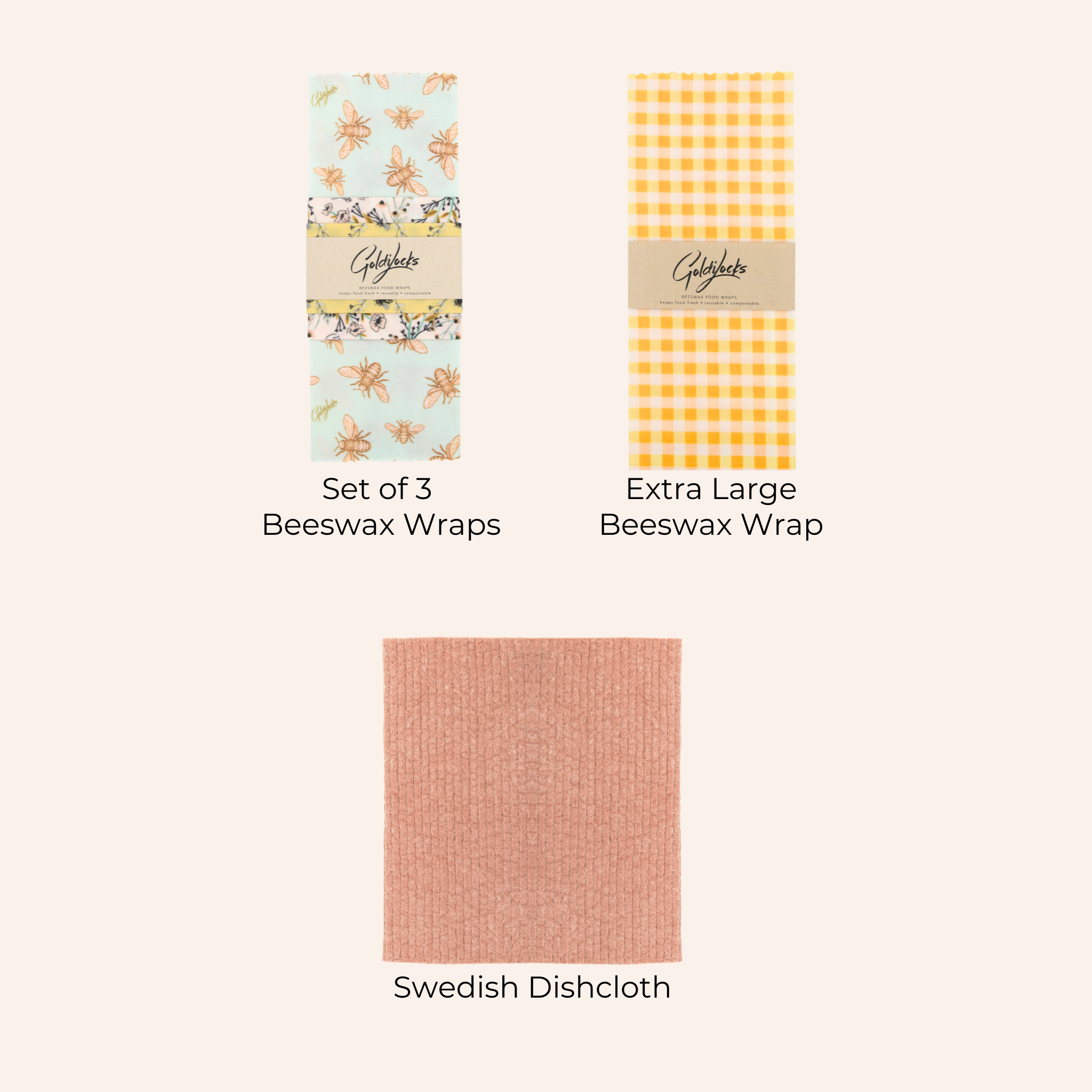 Bees & Blooms Bundle: Extra Large, Set of 3 Beeswax Food Wraps + Dishcloth