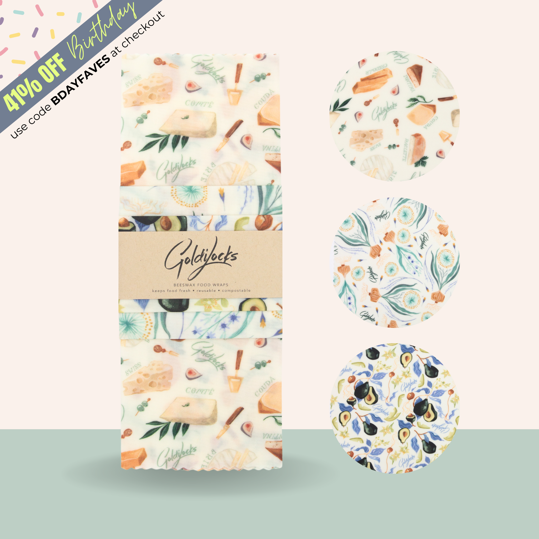 Beeswax Food Wraps: Avocado, Cheese & Onion Set of 3