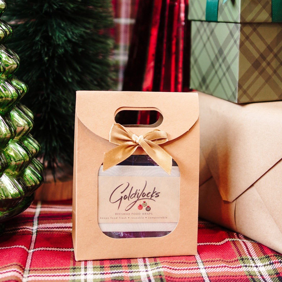 Christmas tree with gift wrapped beeswax wraps