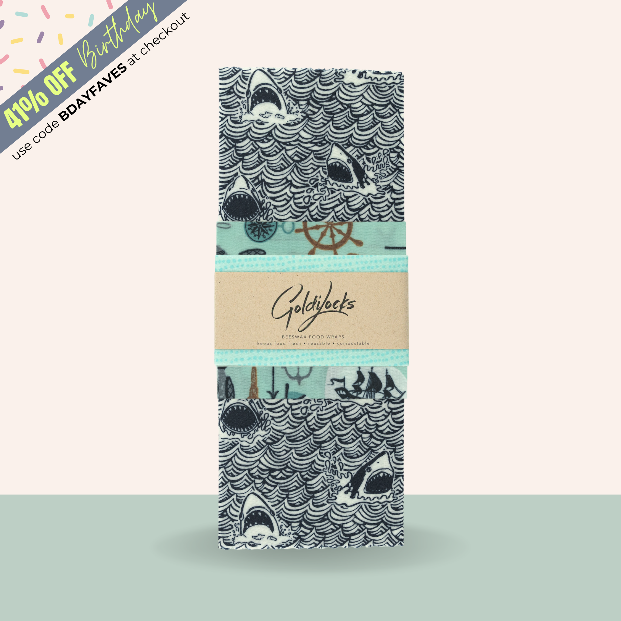 Beeswax Food Wraps: Sharks Set of 3