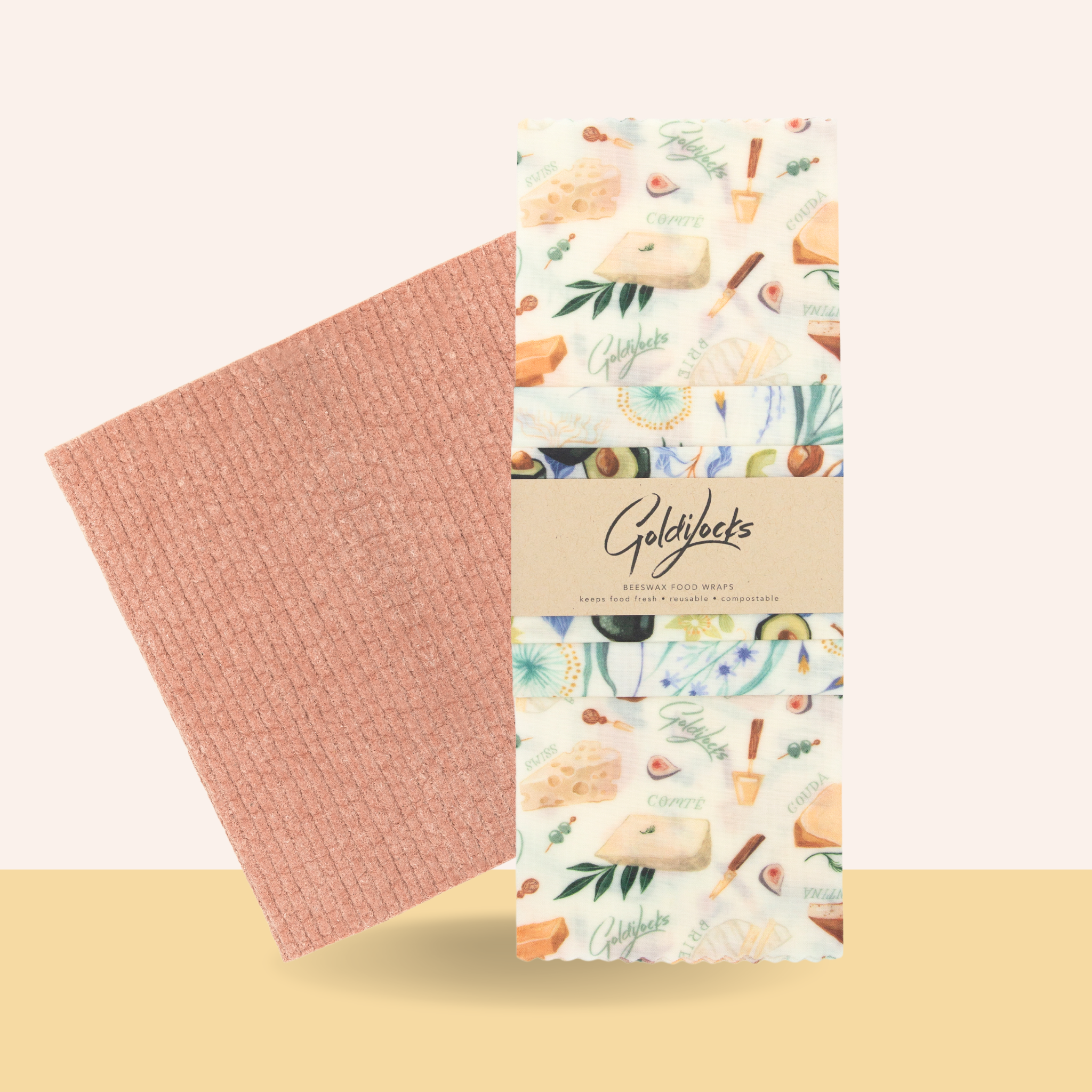 Kitchen Pair: Set of 3 Beeswax Wraps + Dishcloth