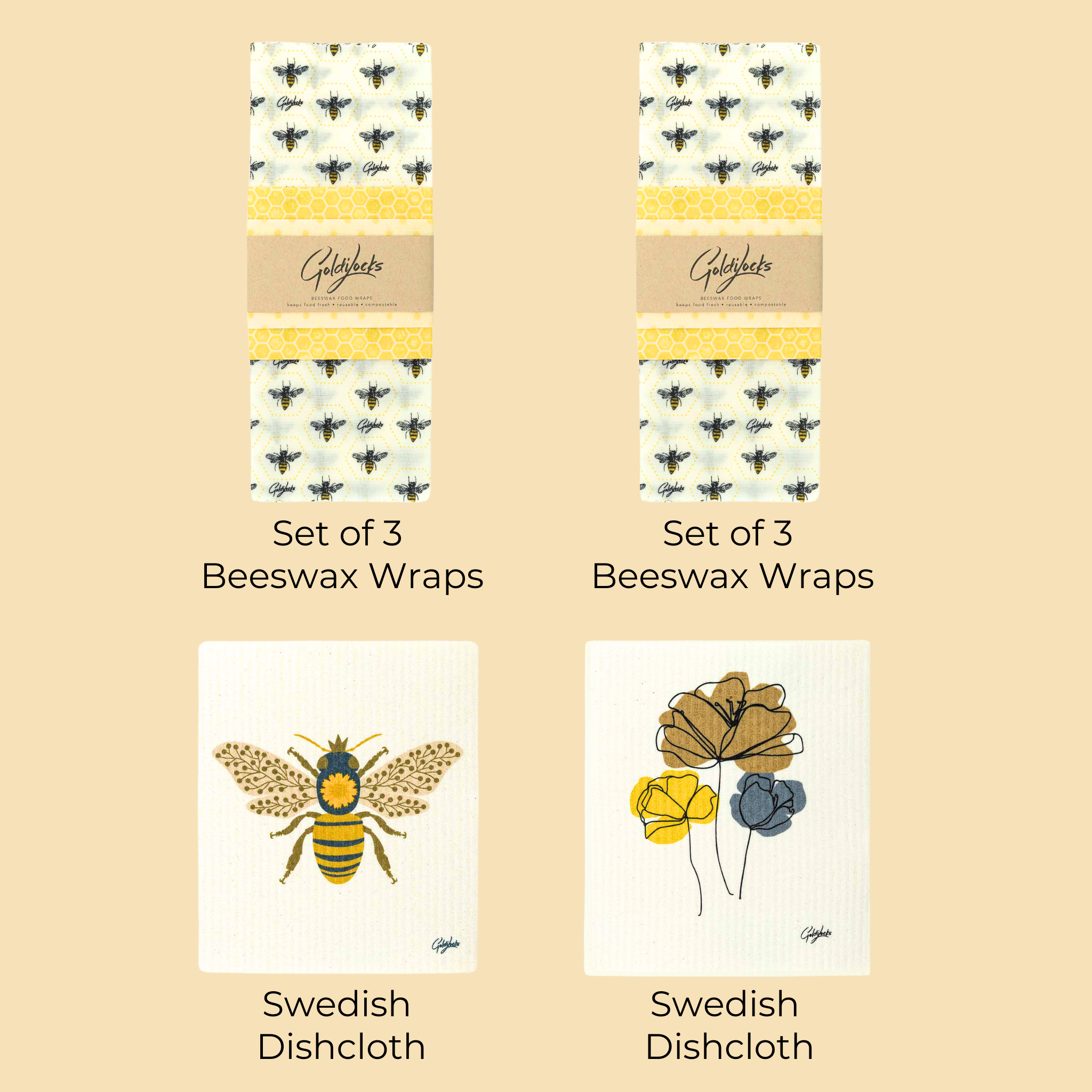 Bee Bundle: Sets of 3 Beeswax Wraps + Swedish Dishcloths