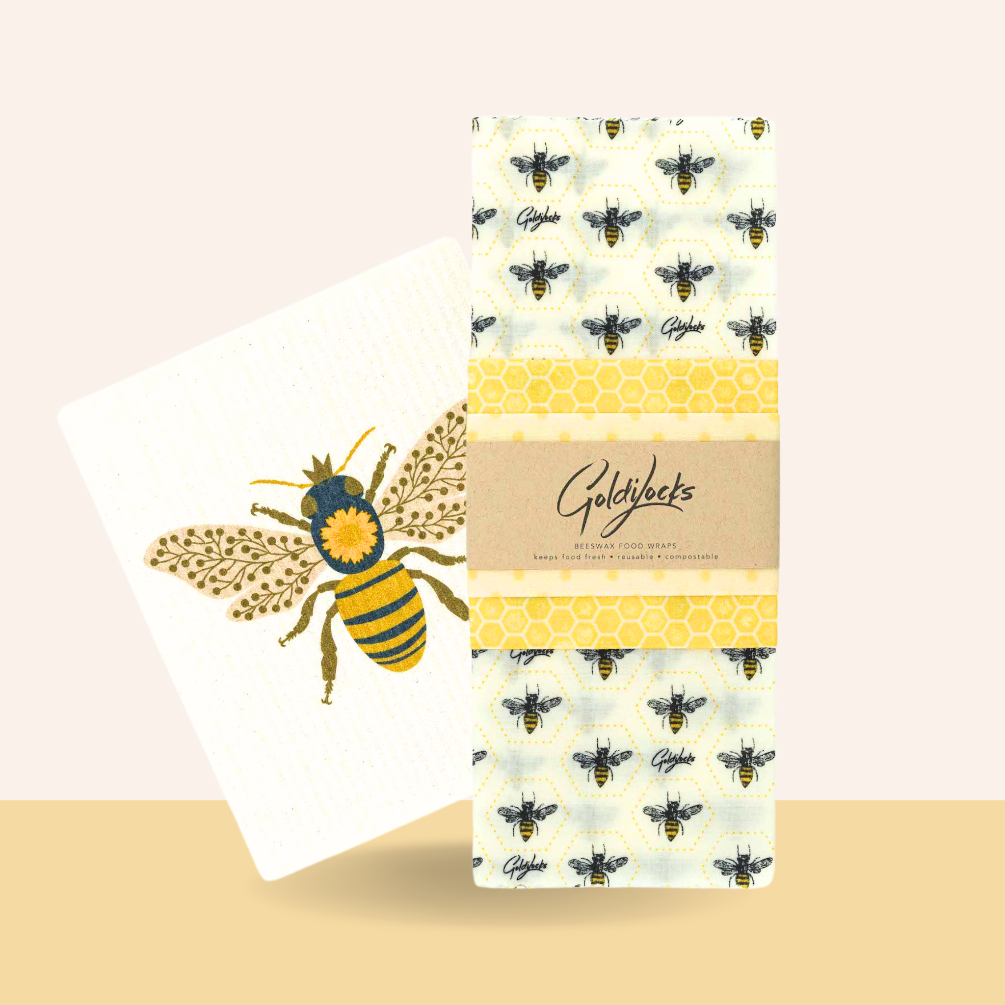 Honeybee Pair: Set of 3 Beeswax Wraps + Dishcloth