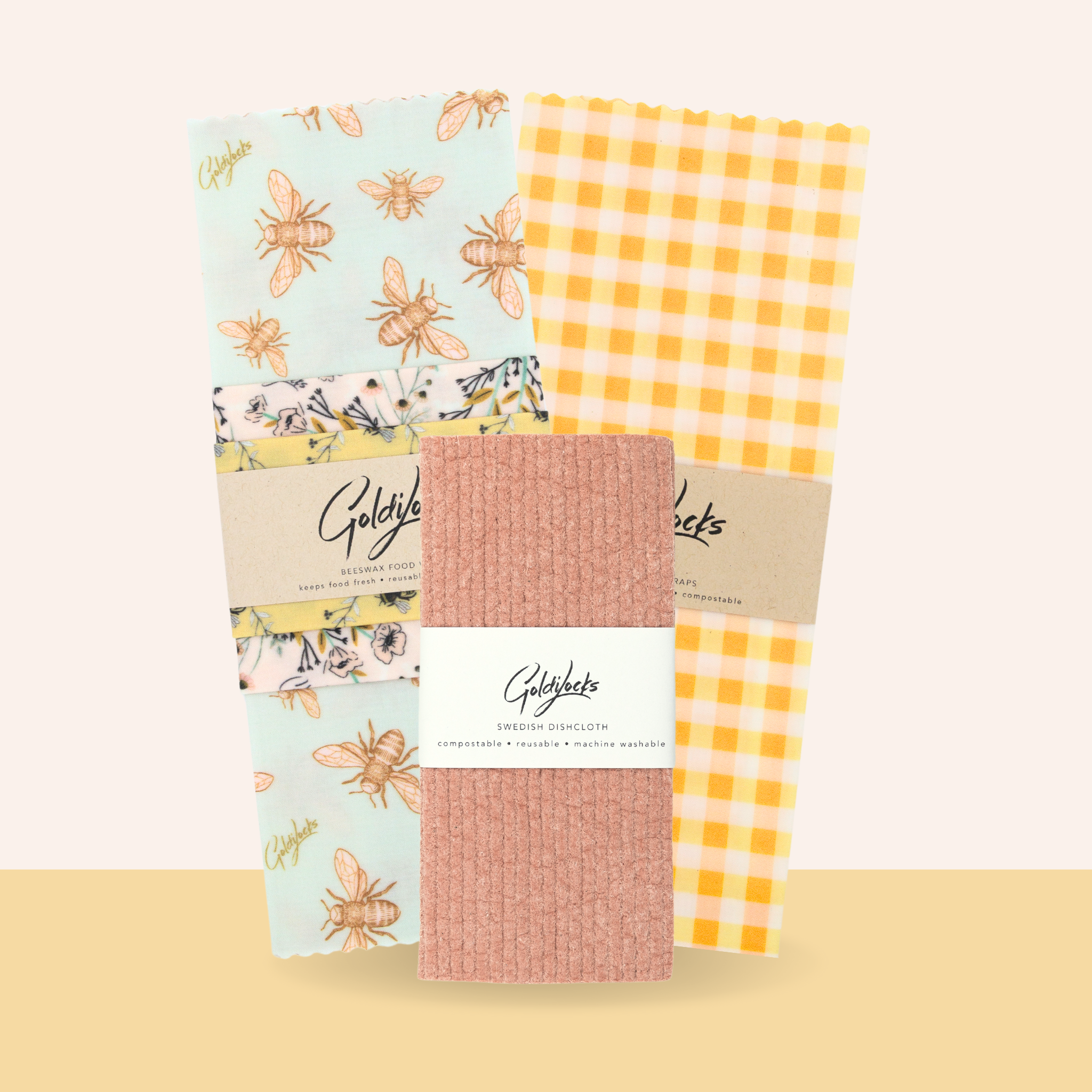Bees & Blooms Bundle: Extra Large, Set of 3 Beeswax Food Wraps + Dishcloth