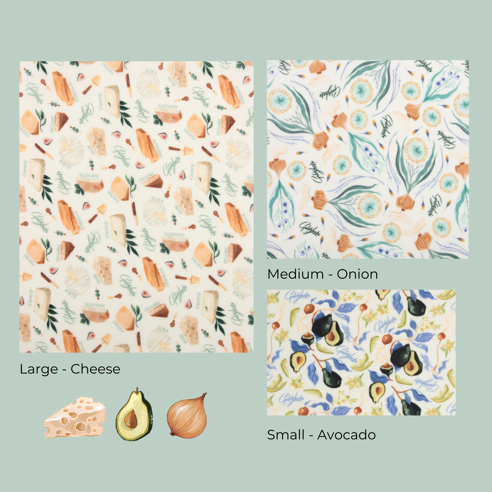 Beeswax Food Wraps: Avocado, Cheese & Onion Set of 3