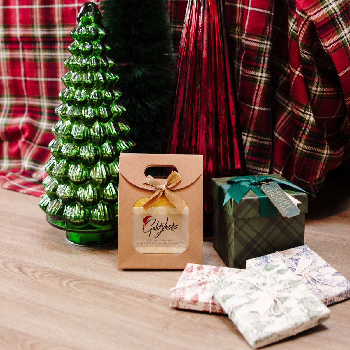 christmas gift set of beeswax wraps with santa hat packaging