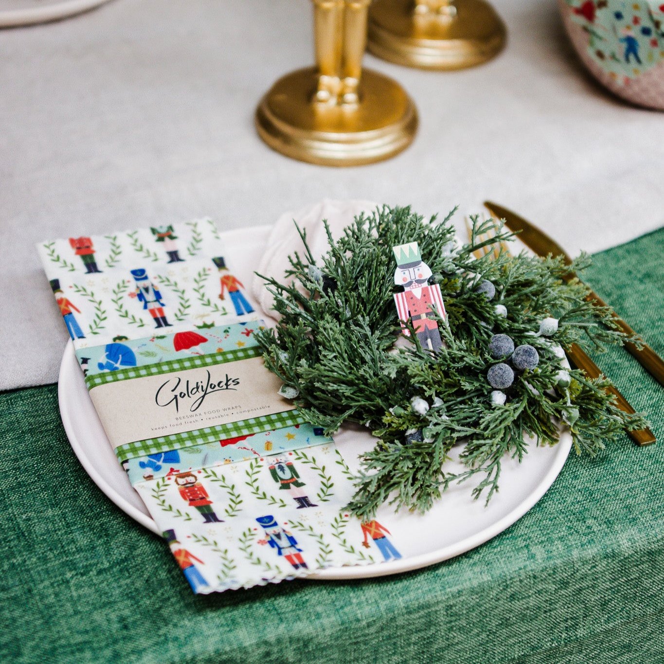 Nutcracker Pair: Set of 3 Beeswax Wraps + Dishcloth