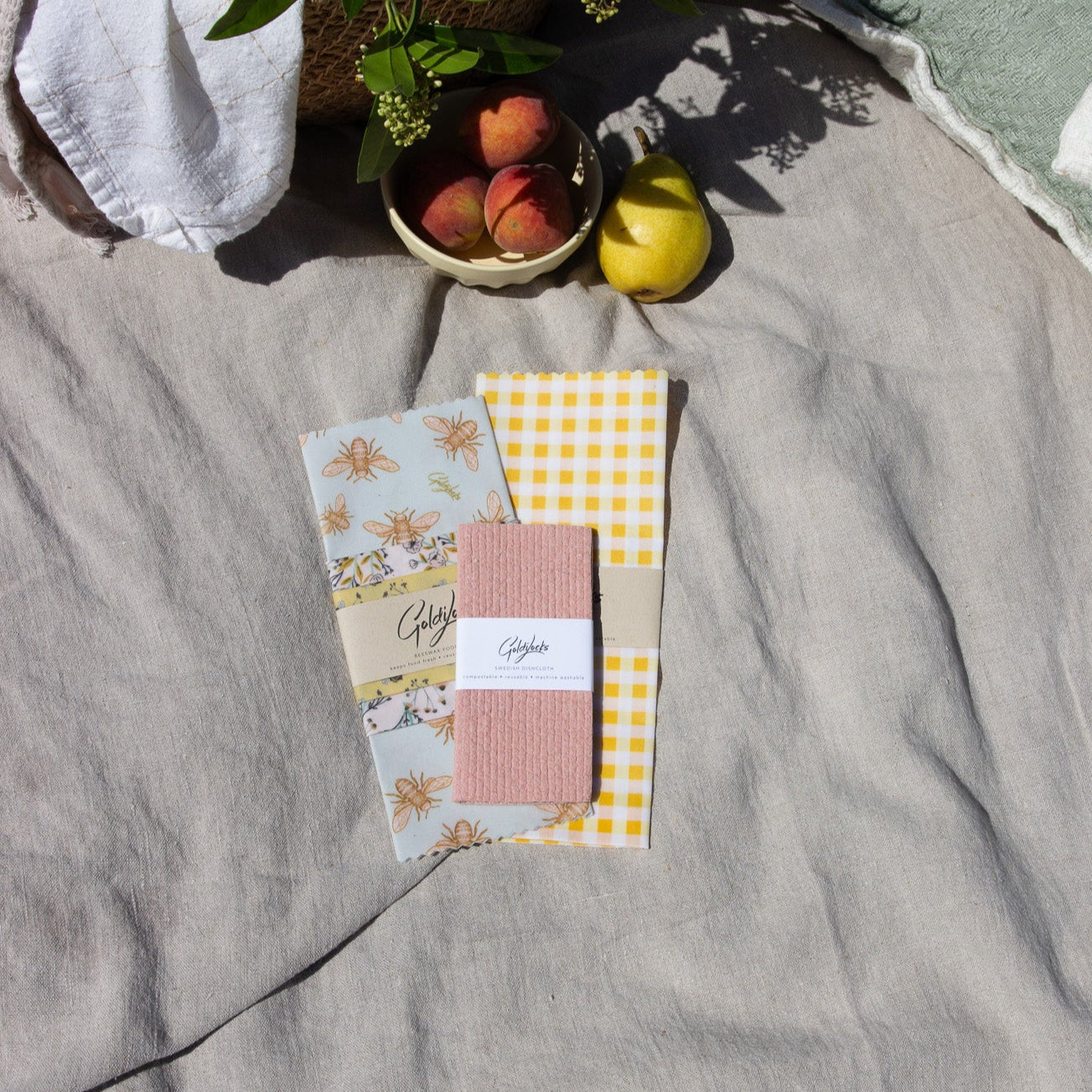 Bees & Blooms Bundle: Extra Large, Set of 3 Beeswax Food Wraps + Dishcloth