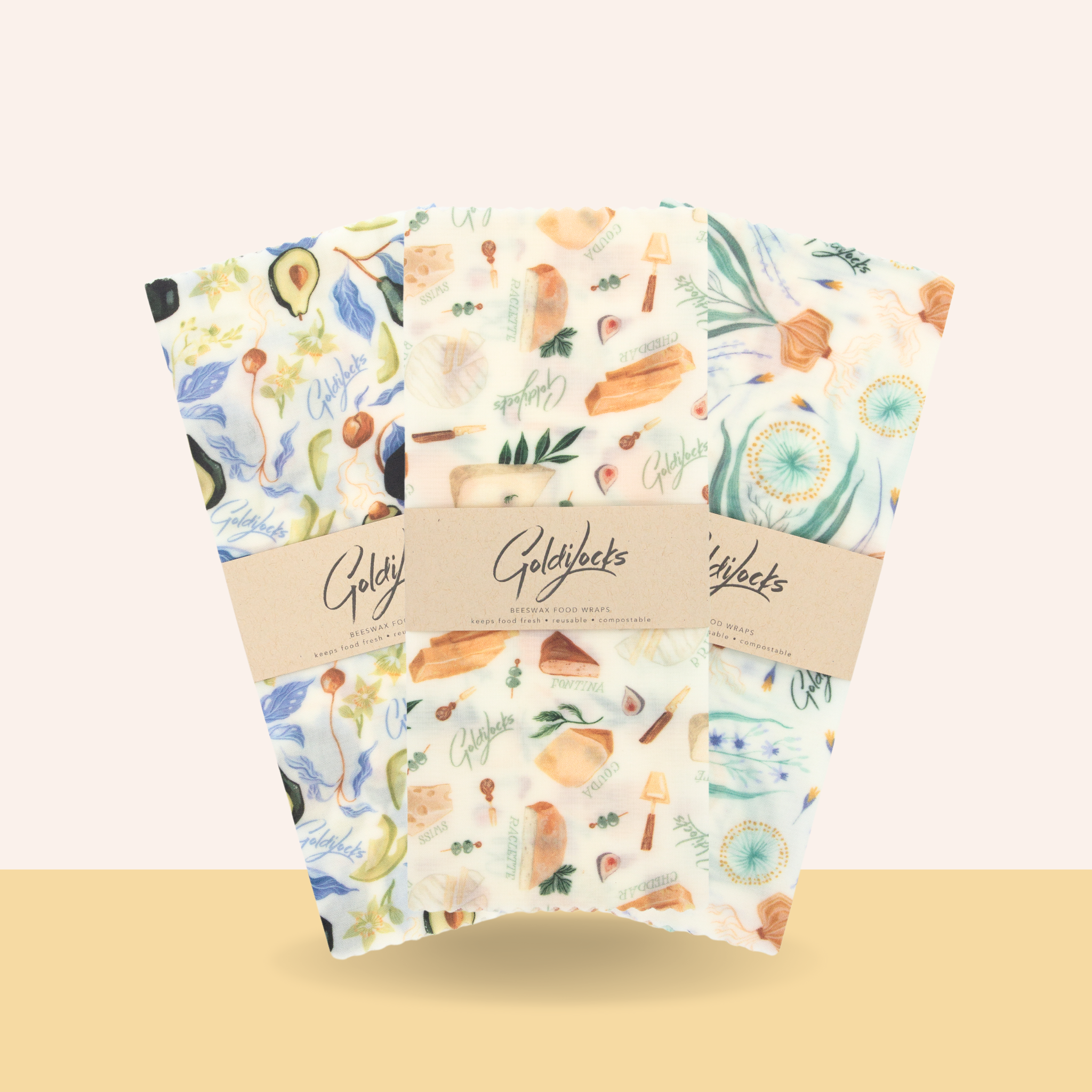 Beeswax Food Wraps: Avocado, Cheese & Onion Single Medium Bundle*