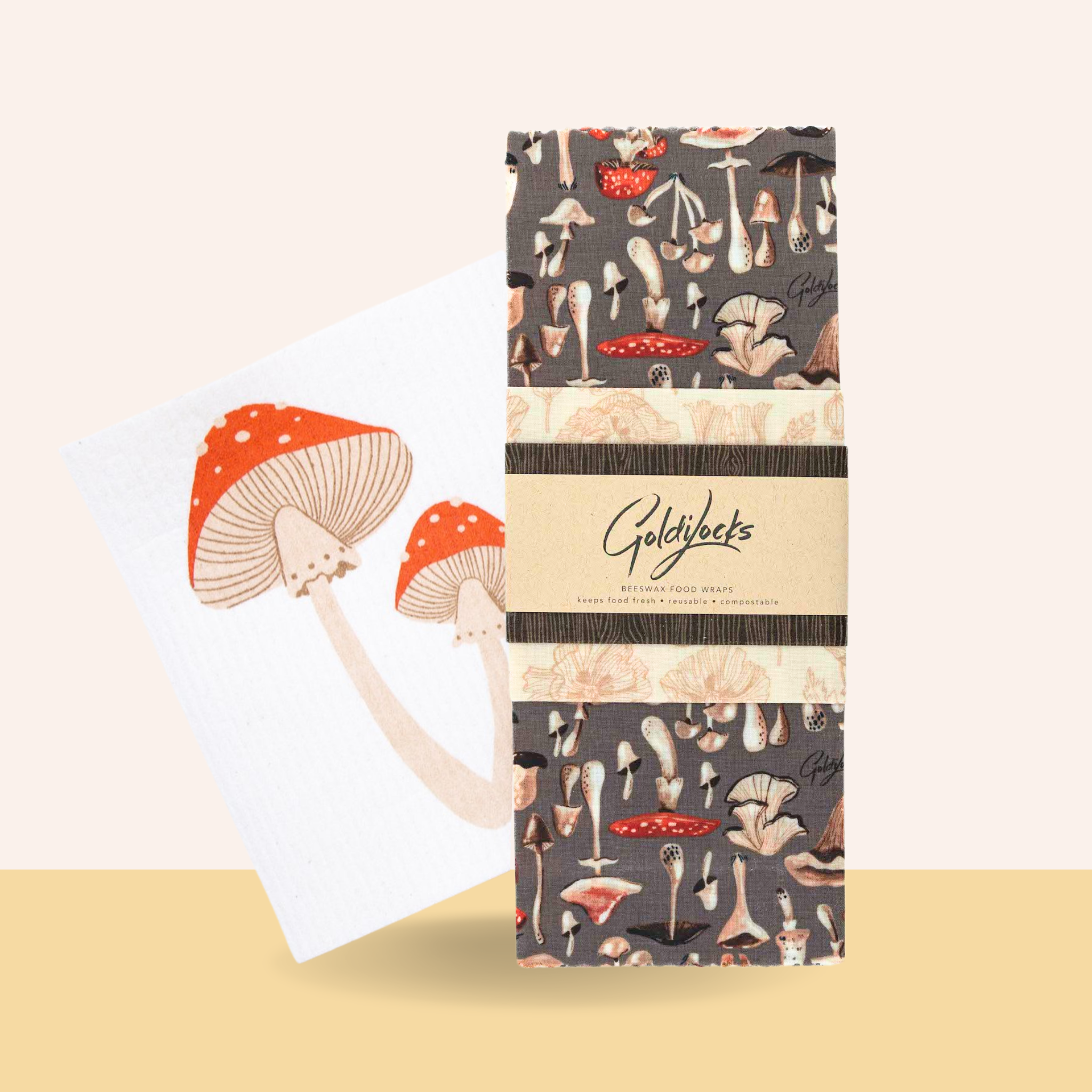 Mushroom Pair: Set of 3 Beeswax Food Wraps & Dishcloth