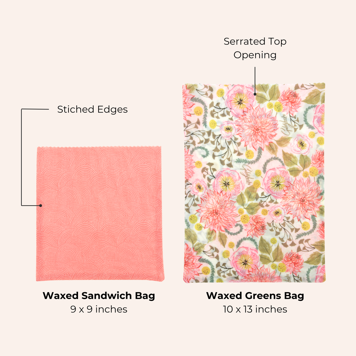 Beeswax Wrap Bags: Pink Floral Set of 2